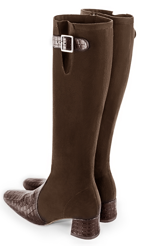 Dark brown women's knee-high boots with buckles. Round toe. Low flare heels. Made to measure. Rear view - Florence KOOIJMAN
